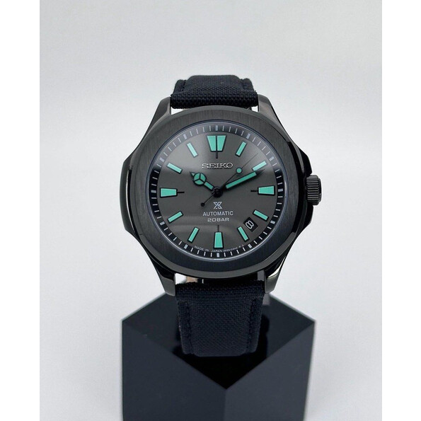 Custom Seiko Mod • Black Night Prospex Nautilus on Sail Cloth Strap • 42mm